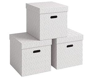 VON Leitz 61430001 Storage Box with Lid, 29 Litres, Large, Geometric Design, 100% Recycled Cardboard, for School, Study and Household, White, Pack of 3