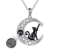 VONALA 100 Languages I Love You Black Cat Necklace 925 Sterling Silver, Celtic Moon Pendant Jewellery Birthday Gifts for Cat Lovers