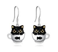 VONALA 925 Sterling Silver Celtic Moon Cat/Bat/Mushroom Leverback Moonstone Earrings Animal Jewellery Birthday Gifts for Women Girls (Black Cup Cat)