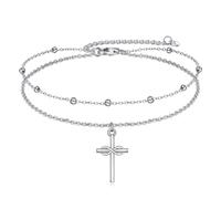 VONALA 925 Sterling Silver Cross Anklets for Women, Layered Anklet Adjustable Cross Ankle Bracelets Beach Women's Anklets Jewelry Gifts