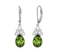 VONALA August Birthstone Celtic Knot Earrings 925 Sterling Silver Simulated Peridot Green Crystal Leverback Teardrop Earrings Dangle Earrings Irish Jewellery Gift for Women