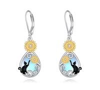 VONALA Black Cat Leverback Earrings 925 Sterling Silver Sunflowers Filigree Dangle Earrings Teardrop Moonstone Jewelry Birthday Gifts for Women(Moonstone Sunflowers Cat)