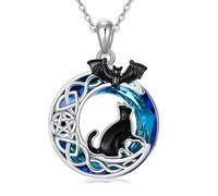 VONALA Black Cat Moon Necklace Sterling Silver Pentagram Celtic Bat Crystal Pendant Necklace Jewelry Gifts for Girls Women Cat Lovers