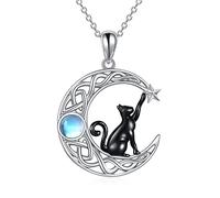 VONALA Black Cat Necklace for Women 925 Sterling Silver Celtic Moon Pendant with Moonstone Halloween Jewellery Birthday Gifts for Her