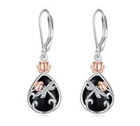 VONALA Black Onyx Dragonfly Leverback Earrings 925 Sterling Silver Lotus Flower Filigree Dangle Earrings Teardrop Jewelry Birthday Gifts for Women (Black Onyx Lotus Dragonfly)