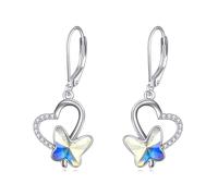 VONALA Butterfly Earrings for Women 925 Sterling Silver Leverback Drop Dangle Earrings with Aurora Borealis Crystals Butterfly Jewellery Birthday Gifts for Her Girls Mum Wife