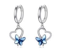 VONALA Butterfly Earrings for Women 925 Sterling Silver Leverback Drop Dangle Earrings with Crystals Butterfly Jewellery Birthday Gifts for Her Girls Mum (Hoop Blue)