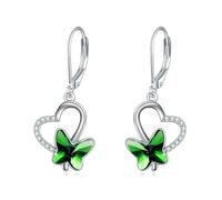 VONALA Butterfly Earrings for Women 925 Sterling Silver Leverback Drop Dangle Earrings with Crystals Butterfly Jewellery Birthday Gifts for Her Girls Mum (Green)