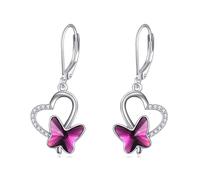 VONALA Butterfly Earrings for Women 925 Sterling Silver Leverback Drop Dangle Earrings with Purple Crystals Butterfly Jewellery Birthday Gifts for Her Girls Mum Wife