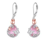 VONALA Butterfly Leverback Earrings 925 Sterling Silver Rose Flower Filigree Dangle Earrings Teardrop Pink Opal Jewelry Birthday Gifts for Women (Pink Opal Rose Butterfly)