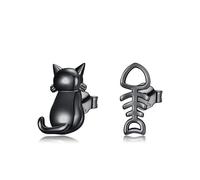 VONALA Cat 925 Sterling Silver Earrings Fish Bone Jewellery Earrings Black Silver Kitty Stud Earrings for Cats Gifts for Birthdays,