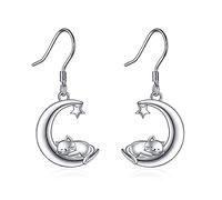 VONALA Cat Earrings Dangle 925 Sterling Silver Cat Moon Earrings Drop Hypoallergenic Jewellery Christmas Day Birthday Gifts for Women Teen Girls