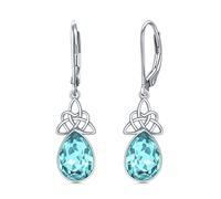 VONALA Celtic Knot Earrings 925 Sterling Silver Aquamarine Earrings Blue Crystal Leverback Dangle Earrings March Birthstone Earrings for Women Girls