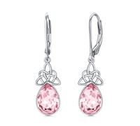 VONALA Celtic Knot Earrings 925 Sterling Silver Pink Crystal Leverback Teardrop Earrings October Birthstone Dangle Earrings Irish Jewellery Gift for Women