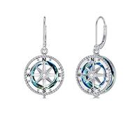 VONALA Compass Earrings for Women Sterling Silver Ocean Compass Dangle Drop Earrings with Circle Crystal Graduation Jewelry Gifts for Her Daughter Women College Student