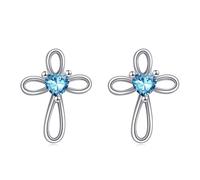 VONALA Cross Earrings 925 Sterling Silver December Birthstone Artificial Tanzanite Heart Cross Stud Earrings Religious Christian Baptism Jewelry First Communion Day Gifts for Women