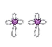 VONALA Cross Earrings 925 Sterling Silver Gemstone Cross Stud Earrings Religious Christian Baptism Jewelry First Communion Day Gifts for Women Girls (February)