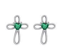 VONALA Cross Earrings 925 Sterling Silver May Birthstone Emerald Heart Cross Stud Earrings Religious Christian Baptism Jewelry First Communion St Patrick Day Gifts for Women