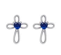 VONALA Cross Earrings 925 Sterling Silver September Birthstone Sapphire Heart Cross Stud Earrings Religious Christian Baptism Jewelry First Communion Day Gifts for Women