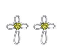 VONALA Cross Earrings for Girls 925 Sterling Silver August Birthstone Peridot Heart Cross Stud Earrings Religious Christian Baptism Jewelry First Communion Day Gifts for Women