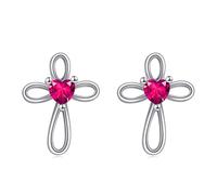 VONALA Cross Earrings for Girls 925 Sterling Silver July Birthstone Ruby Heart Cross Stud Earrings Religious Christian Baptism Jewelry First Communion Day Gifts for Women
