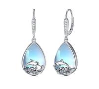 VONALA Dolphin Moonstone Earrings 925 Sterling Silver Ocean Earrings Teardrop Moonstone Dangle Drop Earrings Jewellery Gift for Women Girls