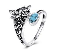 VONALA Dragonfly Turquoise Sterling Silver Ring with Black Adjustable Western Bohemian Vintage Ring Jewelry Gift for Women