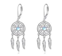 VONALA Dream Catcher Earrings Sterling Silver Moonstone Leverback Feather Drop Dangle Earrings Boho Jewelry Gift for Women Girls