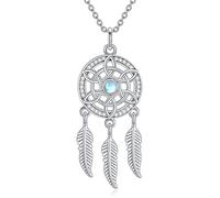 VONALA Dream Catcher Pendent Necklace 925 Sterling Silver Feather Necklace Moonstone Dreamcatcher Boho Jewellery Gifts for Women Grils