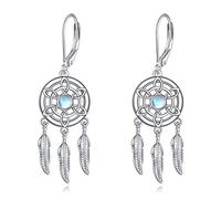 VONALA Dreamcatcher Earrings for Women 925 Sterling Silver Boho Leverback | Celtic Feather Drop Moonstone Dream Catcher Dangle Jewellery Gifts for Grils Mom Wife
