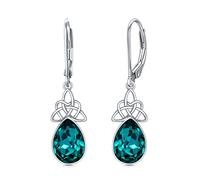 VONALA Emerald Celtic Knot Dangle Crystal Leverback Earrings 925 Sterling Silver May Birthstone Drop Green Earrings Jewellery Birthday Gift for Women Grils