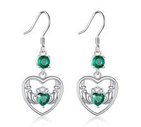 VONALA Emerald Claddagh Earrings 925 Sterling Silver Lreland Earrings Irish Love Heart Dangle Drop Dangling Earring Jewellery Gift for Women