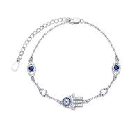 VONALA Evil Eye Bracelet Gifts for Mom 925 Sterling Silver Hand of Fatima Hamsa Bangle Blue Third Eye Link Chain Bracelets Protection Jewellery for Women Girls