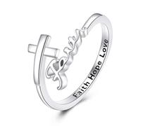 VONALA Faith Cross Ring 925 Sterling Silver Adjustable Faith Hope Love Ring Religious Jewellery Gifts for Women Men