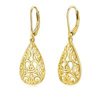 VONALA Filigree Earrings for Women Gold Plated Sterling Silver Filigree Teardrop Dangle Earrings Filigree Leverback Earrings for Women Teens Girls Birthday Gift