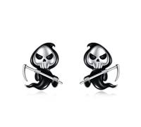 VONALA Halloween Gifts for Women Grim Reaper Earrings 925 Sterling Silver Ghost Skull Stud Earrings Hypoallergenic Jewellery for Teen Girls Men Boys