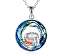 VONALA Hippo Sterling Silver Necklace Blue Crystal Pendant Mother-Daughter Hippo Silver Jewelry Gift for Birthday, for Her,for Mother, Sister,