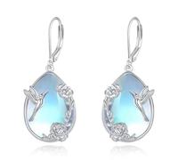 VONALA Hummingbird Earrings for Women 925 Sterling Silver Moonstone Dangle Leverback Earrings Flower Drop Earrings Animal Jewellery Gifts for Women Family Friends