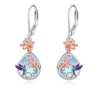 VONALA Hummingbird Leverback Earrings 925 Sterling Silver Lily Flower Filigree Dangle Earrings Teardrop Moonstone Jewelry Birthday Gifts for Women (Moonstone Hummingbird Lily)