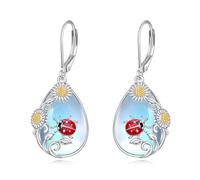 VONALA Ladybug Earrings 925 Sterling Silver Flower Filigree Moonstone Lever back Earrings Ladybug Teardrop Jewelry Gift For Women