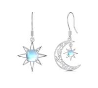VONALA Moon and Star Dangle Earrings 925 Sterling Silver Moonstone Drop Dangling Asymmetric Crescent Moon Jewellery Gift for Women