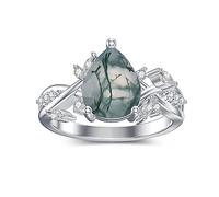 VONALA Moss Agate Ring 925 Sterling Silver Size 8 Teardrop Aquatic Green Agate Rings Leaf Promise Engagement Ring Wedding Jewellery Gift for Women Her Wife