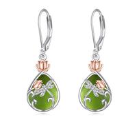 VONALA Peridot Dragonfly Leverback Earrings 925 Sterling Silver Lotus Flower Filigree Dangle Earrings Jewelry Birthday Gifts for Women (Peridot Lotus Dragonfly)