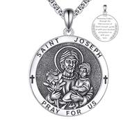 VONALA Saint Joseph Medal Necklace for Men Women 925 Sterling Silver Patron St Joseph Catholic Amulet Pendant Religion Protection Jewelry Father's Day Gifts for Family Friends（Round）