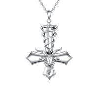 VONALA Satan Baphomet Goat 925 Sterling Silver Necklace Leviathan Cross Demon Devil Lucifer Pendant Jewelry Gift for Men Women Birthday