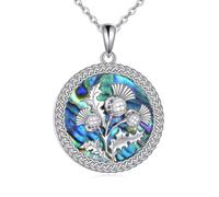 VONALA Scottish Thistle Celtic Knot Drop Necklace Sterling Silver Scottish Thistle Scotland Flower Abalone Shell Pendant Necklaces Jewelry Gifts for Women