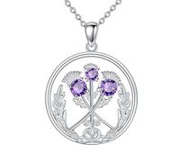 VONALA Scottish Thistle Drop Necklace Sterling Silver Scottish Thistle Scotland Purple Flower Pendant Necklaces Jewelry Birthday Gifts for Women Wife