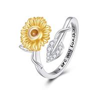 VONALA Sunflower Ring for Women Sterling Silver Spinner Rings Fidget Open Adjustable Mustard Seed Rings Birthday Mothers Day Christmas Jewelry Gifts for Mom Friends ((Mustard Seed Sunflower)
