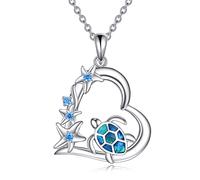 VONALA Turtle Pendant Necklace 925 Sterling Silver Starfish Heart Drop Sea Turtle Blue Opal Summer Necklace Ocean Beach Animal Jewellery Sea Turtle Gifts for Women