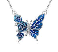 VONALA Valentines Day Butterfly Necklace 925 Sterling Silver Blue Rose Butterfly Pendent Dangle Necklace beautiful Jewellery Valentine's Gift for Women